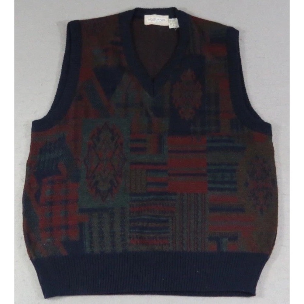 VTG Murano Cosby Style Sweater Vest S Made Italy Aztec Patchwork Wool Blend EUC